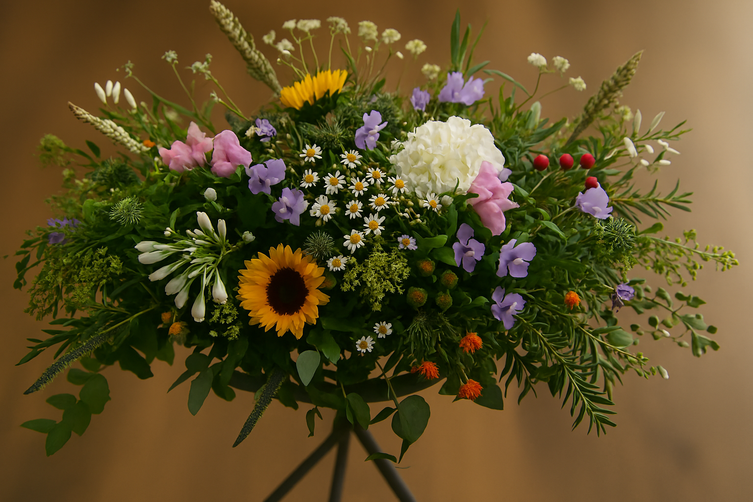 A colorful bouquet of mixed flowers including a sunflower, white daisies, purple and pink flowers, and green foliage against a plain background.