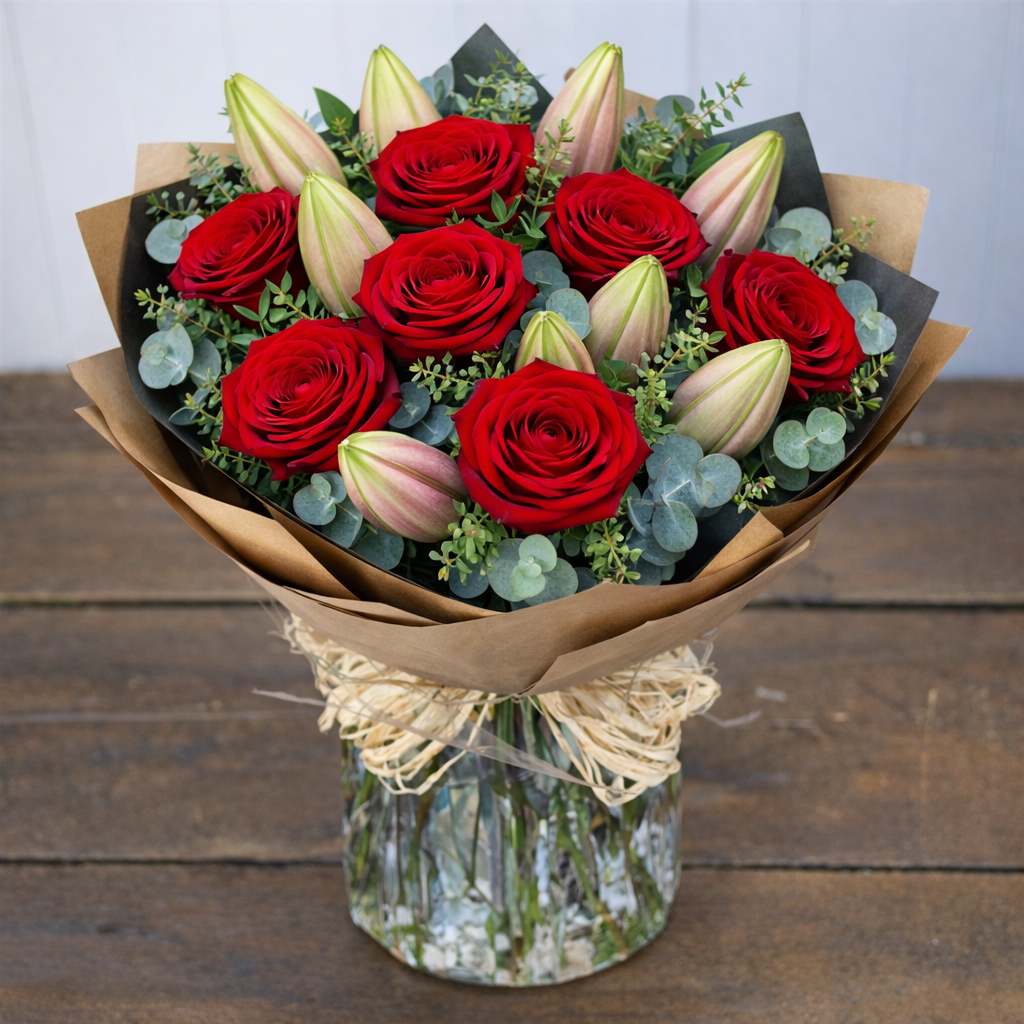 Lily & Luxury Red Rose Foliage Bouquet