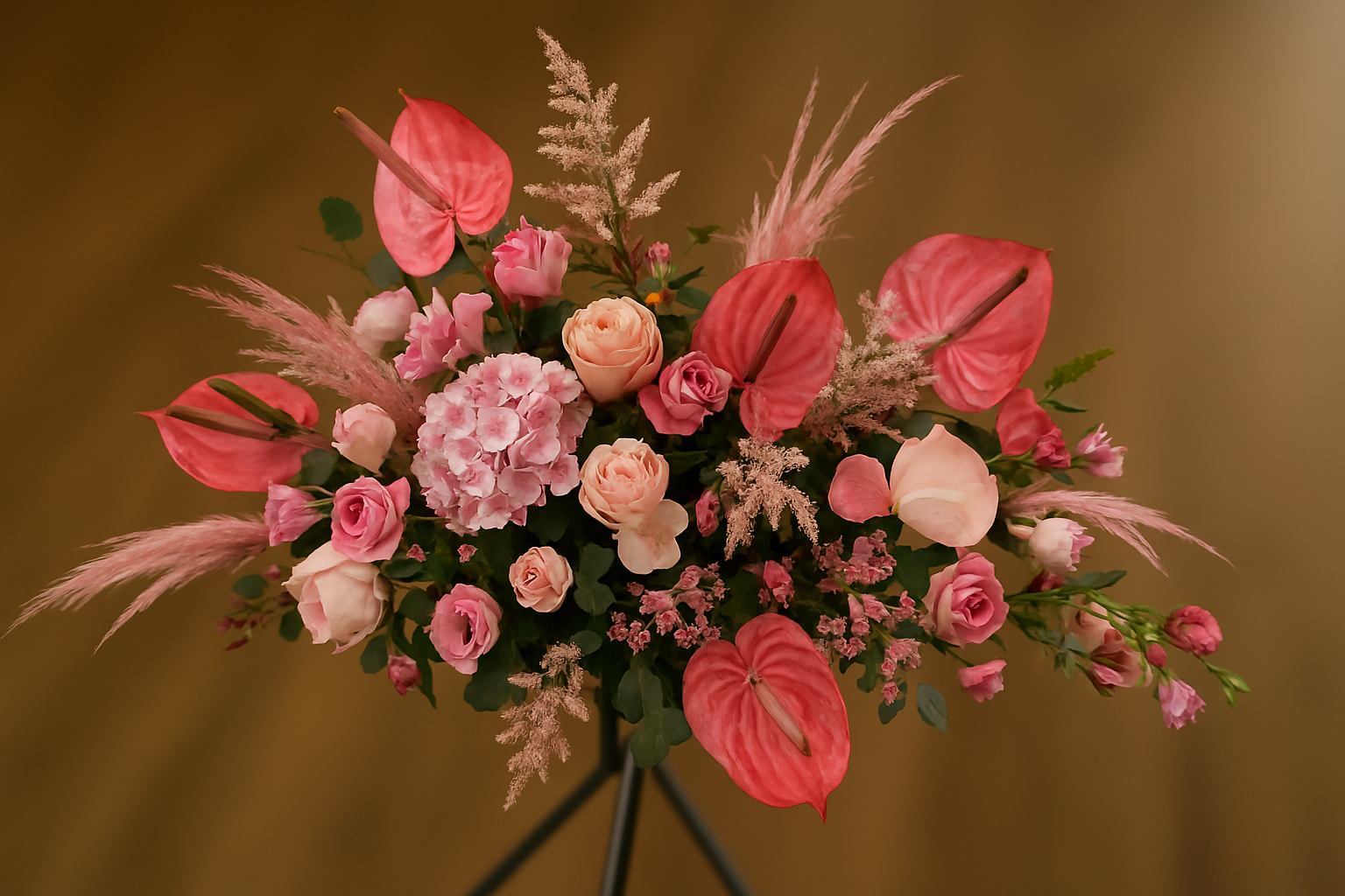 Pink and peach floral arrangement with roses, hydrangeas, anthuriums, and ornamental grasses against a blurred background.