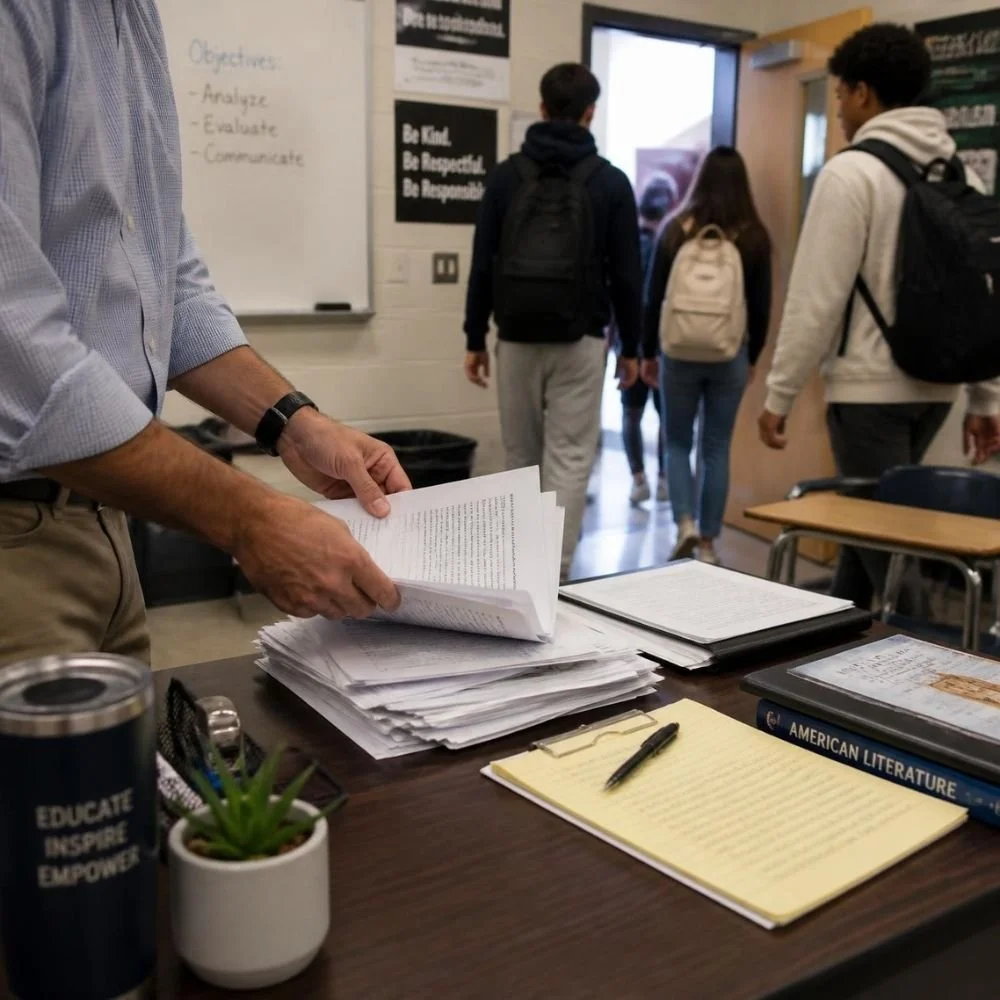 A teacher's desk with papers, a book titled 'American Literature,' a yellow notepad with a pen, a small potted plant, and a tumbler cup with the words 'Educate Inspire Empower.' In the background, students walk into a classroom, some carrying backpacks, near a whiteboard with goals written on it.