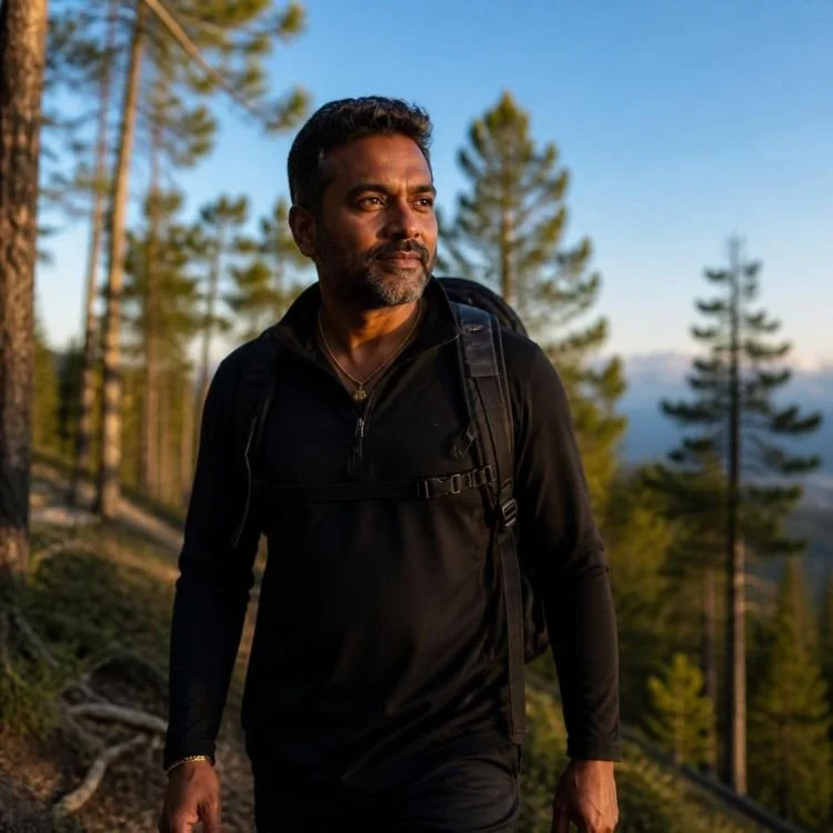 A man hiking in a forest during sunset, wearing a black jacket and backpack.