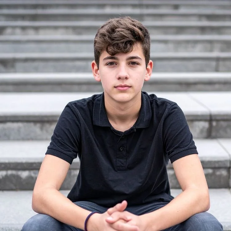 A teenage boy sitting on outdoor steps, wearing a black polo shirt, with short curly brown hair, looking directly at the camera.