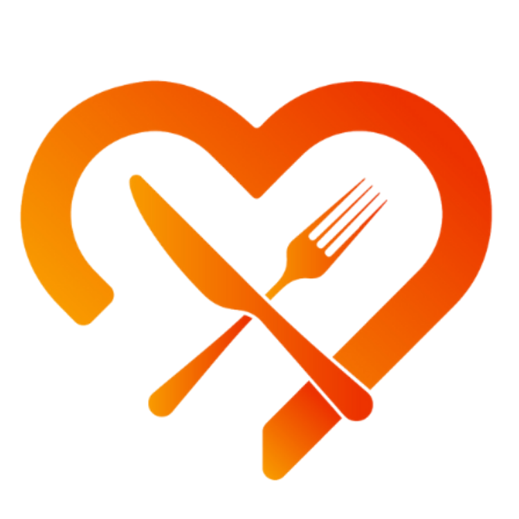 A heart-shaped outline with a fork and knife crossing inside, symbolizing food and love.