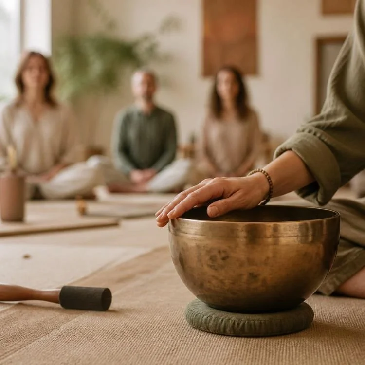 Person sitting on the floor with a singing bowl in front, three women sitting cross-legged in the background, and a mallet nearby, in a meditation or yoga setting.