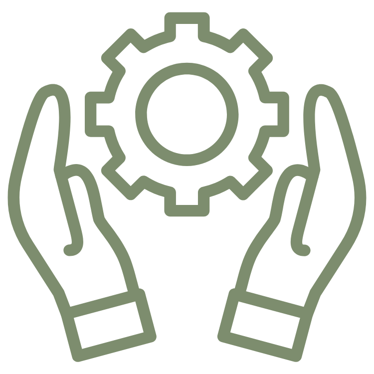 Outline of two hands holding a gear or cogwheel, representing teamwork or mechanical work.