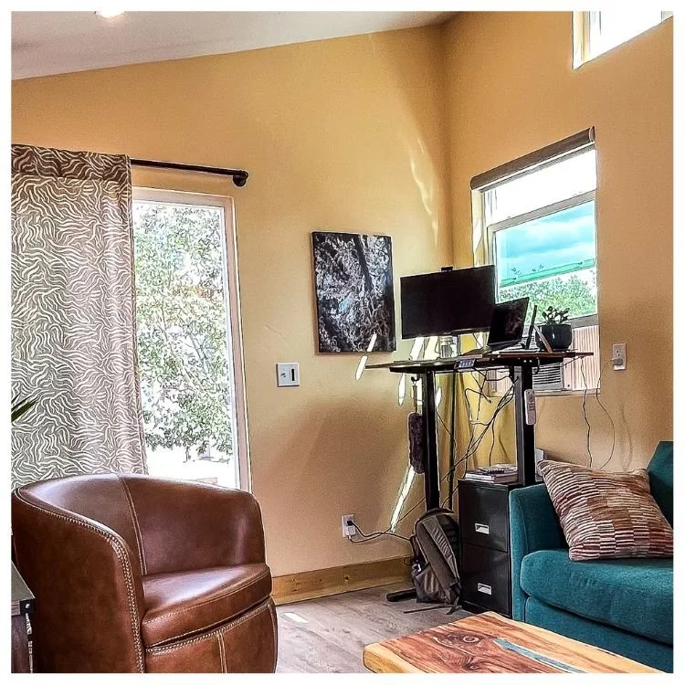 A cozy living room corner with a brown leather armchair, a green sofa with a throw pillow, a wooden coffee table, and a desk with a computer monitor and a small television. There are windows with natural light, one with a patterned curtain, and some wall art.