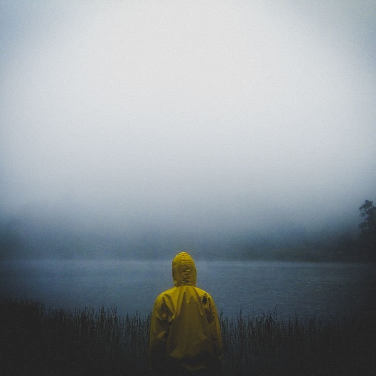 A person wearing a yellow rain jacket standing near a body of water on a foggy day.
