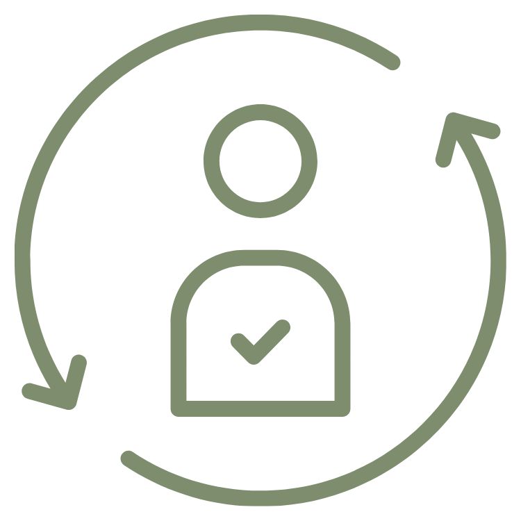 Outline of a person with a checkmark on their chest, encircled by two arrows forming a cycle.