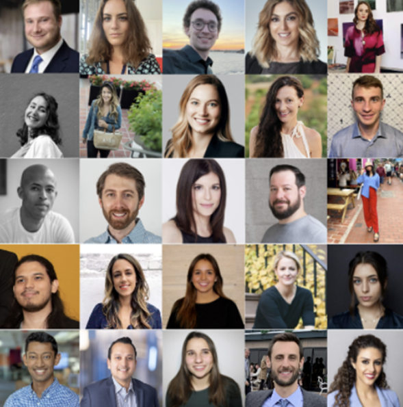 Collage of 20 diverse professional headshots and candid photos of men and women of various ages and ethnicities in different settings.