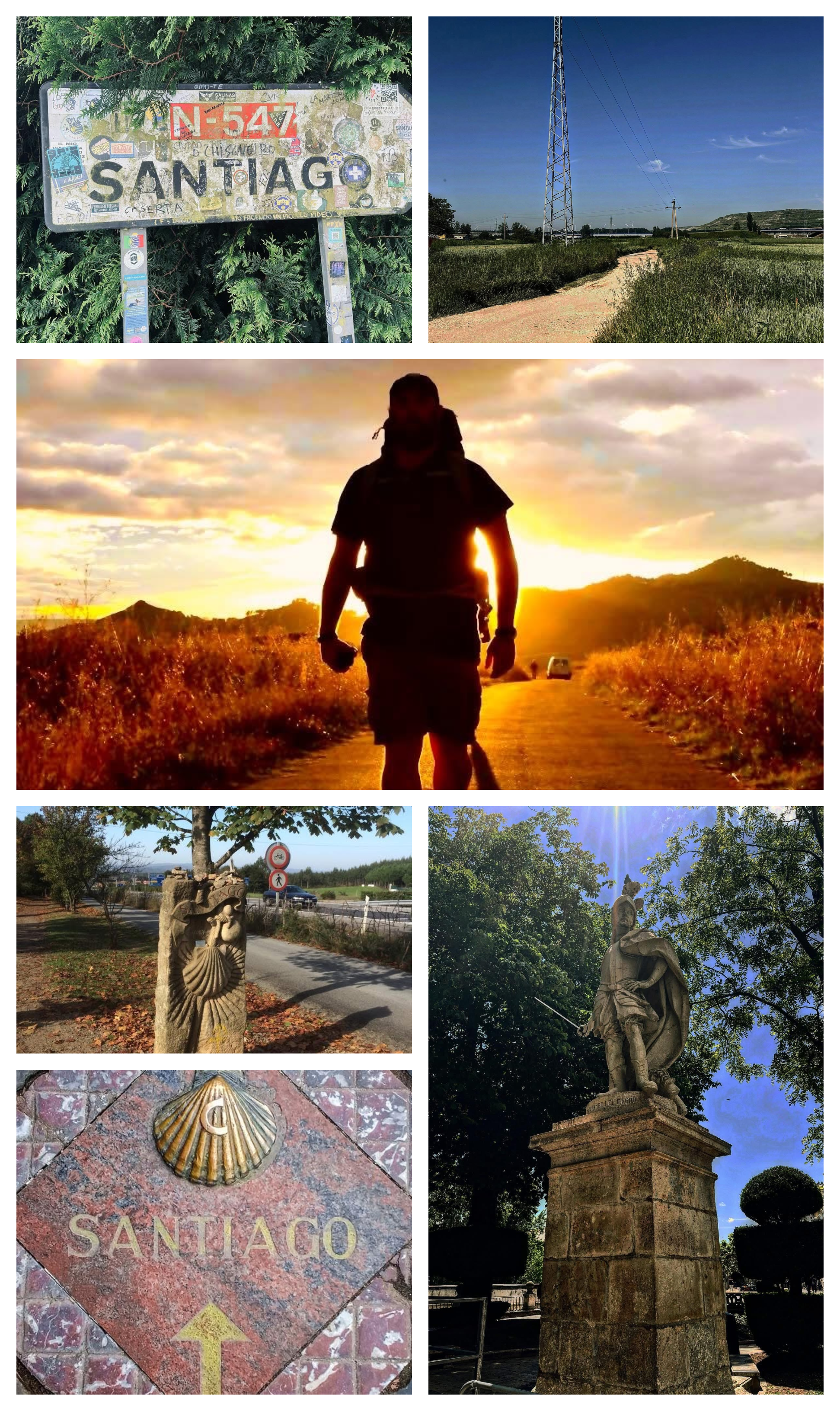 Tourist signs and landmarks related to Santiago, with images of a statue, a cross, and a person walking on a trail during sunset.