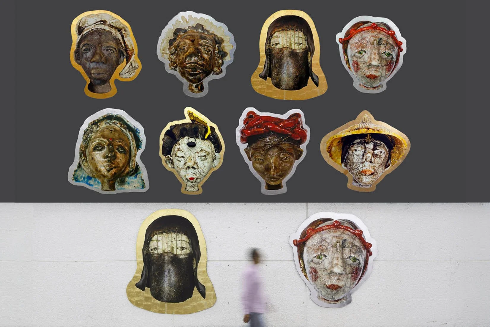 Individual giant-sized portraits. Dimensions (average): 140 cm x 140 cm. Materials: canvas, MDF, gold and silver leafing. Technique: pigment print on canvas. mounted on laser-cut MDF base. 2016