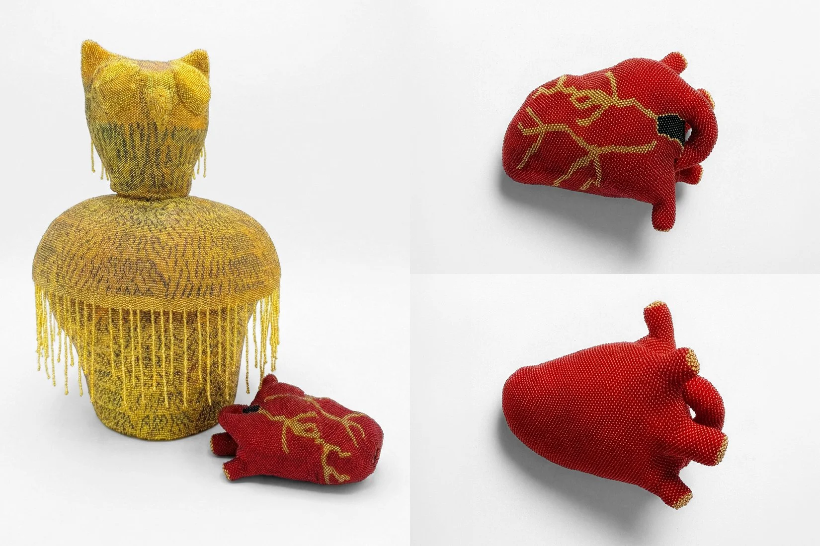 The Wise / The Heart. 42 cm x 23 cm x 23 cm / 15 cm x 10 cm x 7 cm. Ceramic hand made pieces, hand made beaded lining. 2026