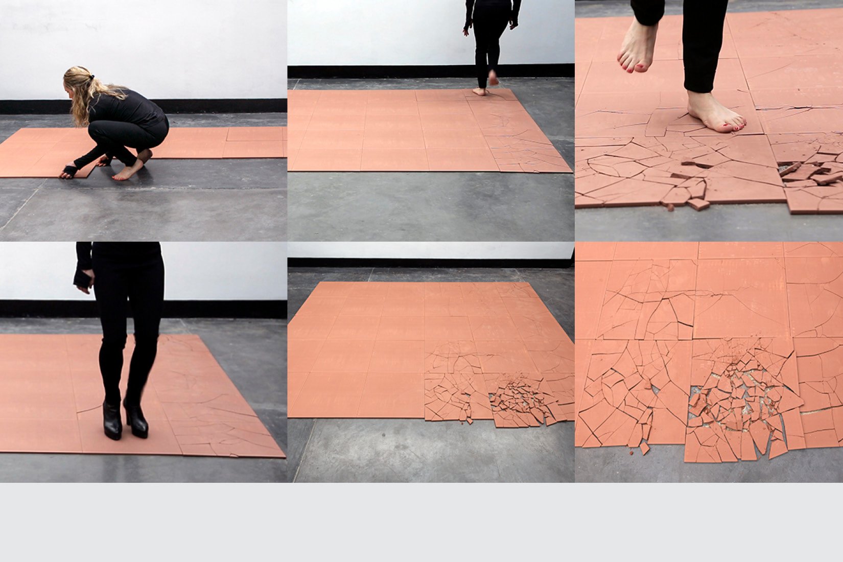 Forst solo performance and video documentation. Dimensions: 240 cm x 200 cm. Materials: Raw terracotta commercial tiles. Technique: Temporary platform of loose tiles laid directly on the ground. 2017.