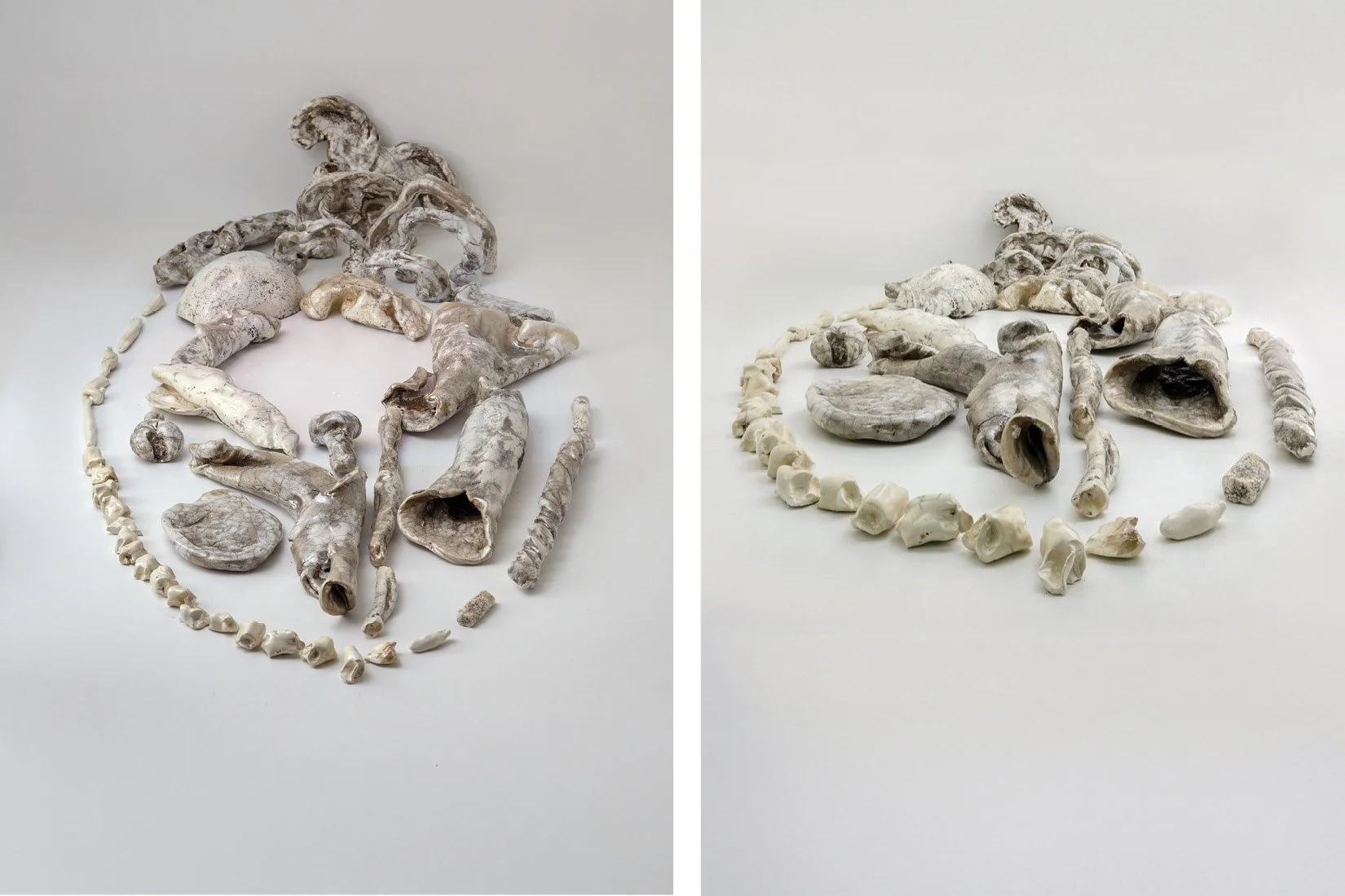 Installation consisting of individual pieces with overhead video projection. Dimensions: 120 cm x 60 cm x 15 cm. Materials: handmade ceramic. Technique: Raku. 2017