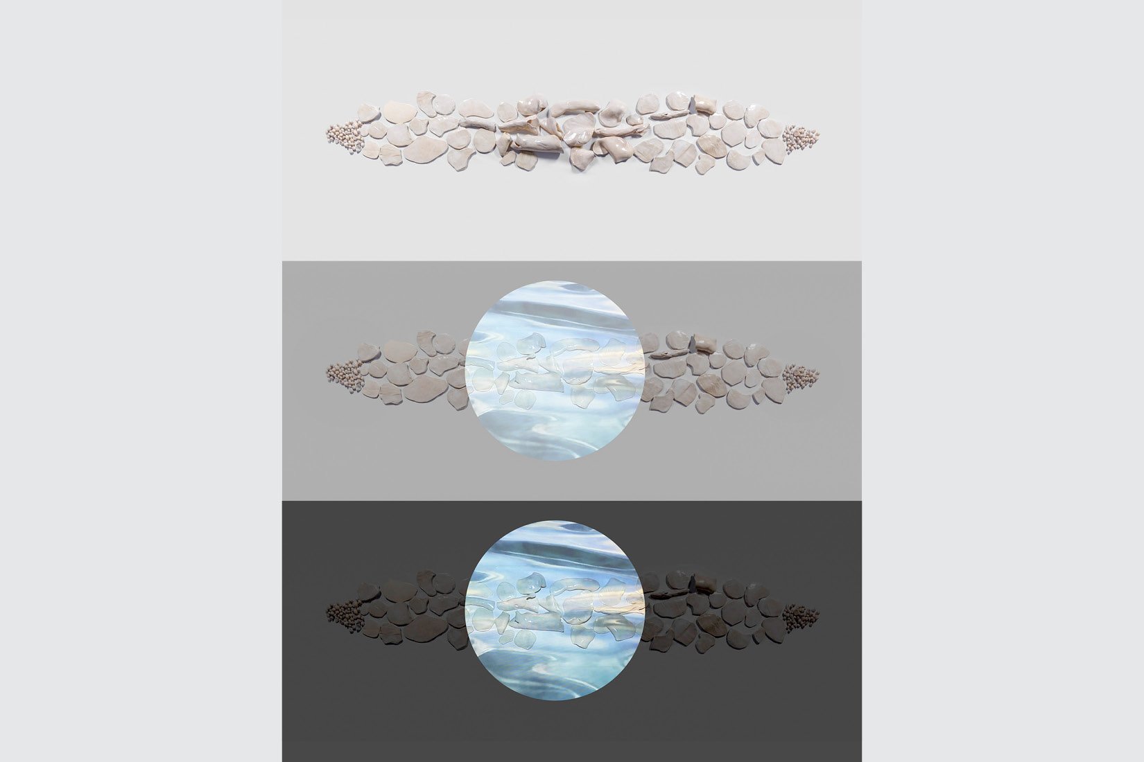 Installation consisting of individual pieces with overhead video projection. Dimensions: 220 cm x 40 cm x 15 cm. Materials: handmade ceramic. Technique: low temperature glazing. 2017