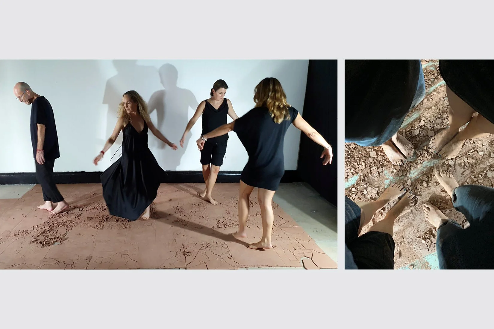 Our Footprints Quartet: performance and video art. Dimensions: 400 cm x 240 cm. Materials: Raw terracotta commercial tiles. Technique: Temporary platform of loose tiles laid directly on the ground. 2017.