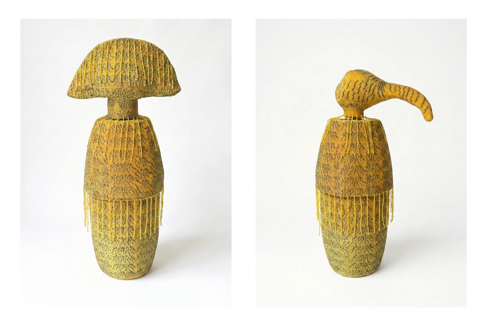 The Elder / The Witness. 60 cm x 30 cm x 20 cm / 52 cm x 28 cm x 20 cm. Ceramic hand made pieces, hand made beaded lining. 2026.