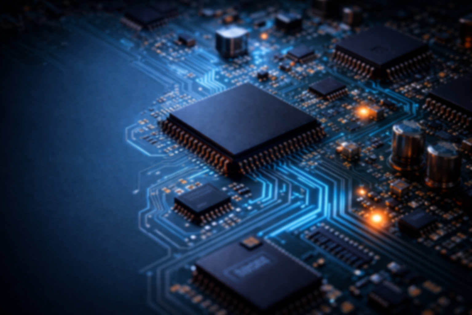 Close-up of a computer motherboard with various chips, circuits, and glowing blue and orange accents.