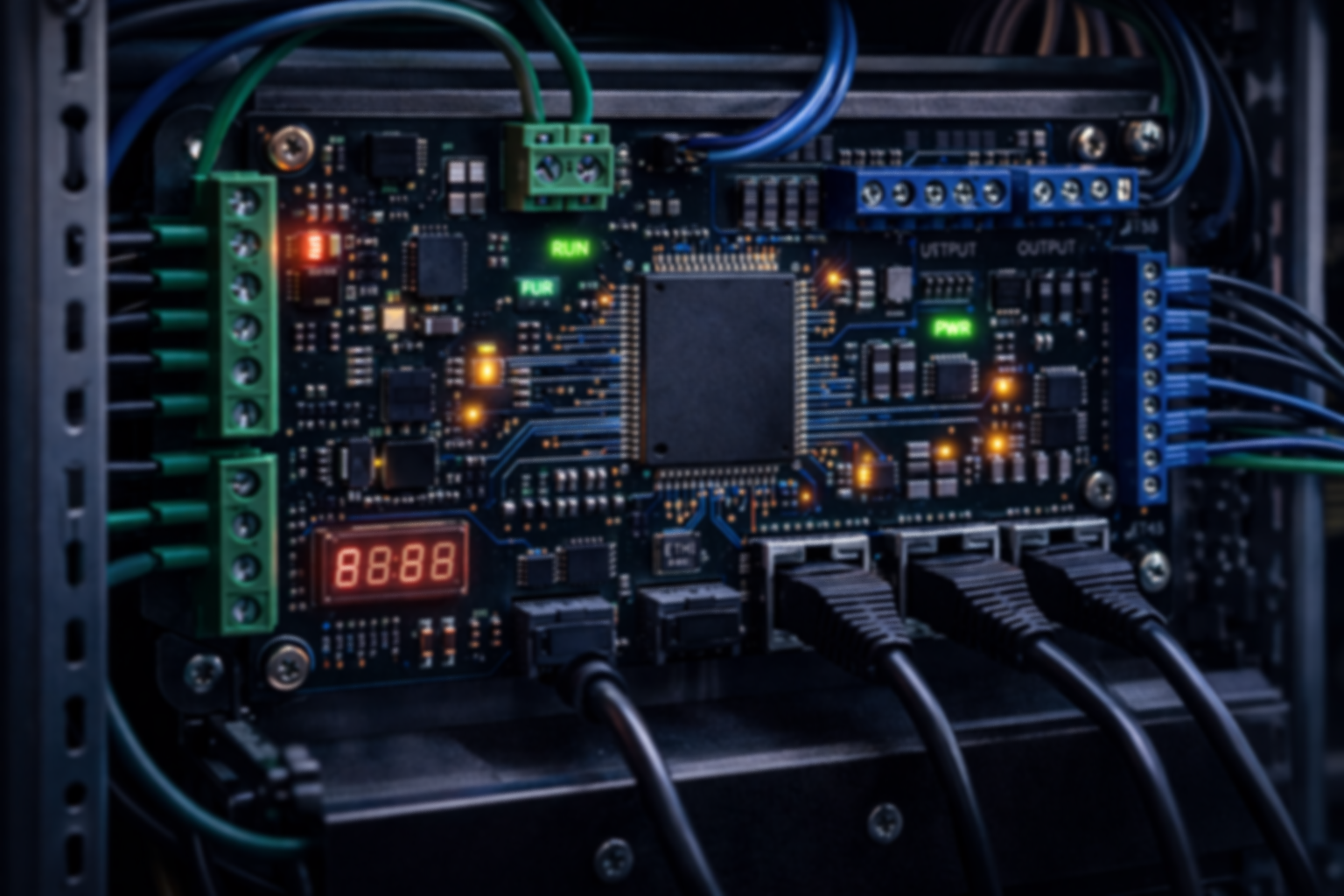 Close-up of an electronic control board with various wires connected, illuminated indicator lights, digital display, and input/output terminals.