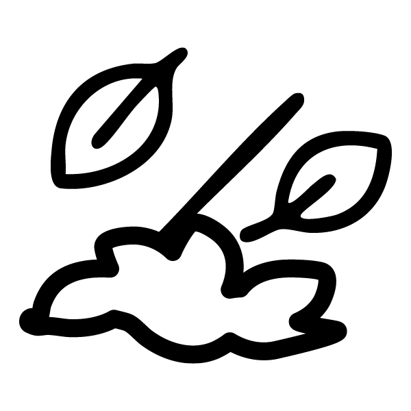 Black and white graphic of leaves and a leaf pile, raking icon