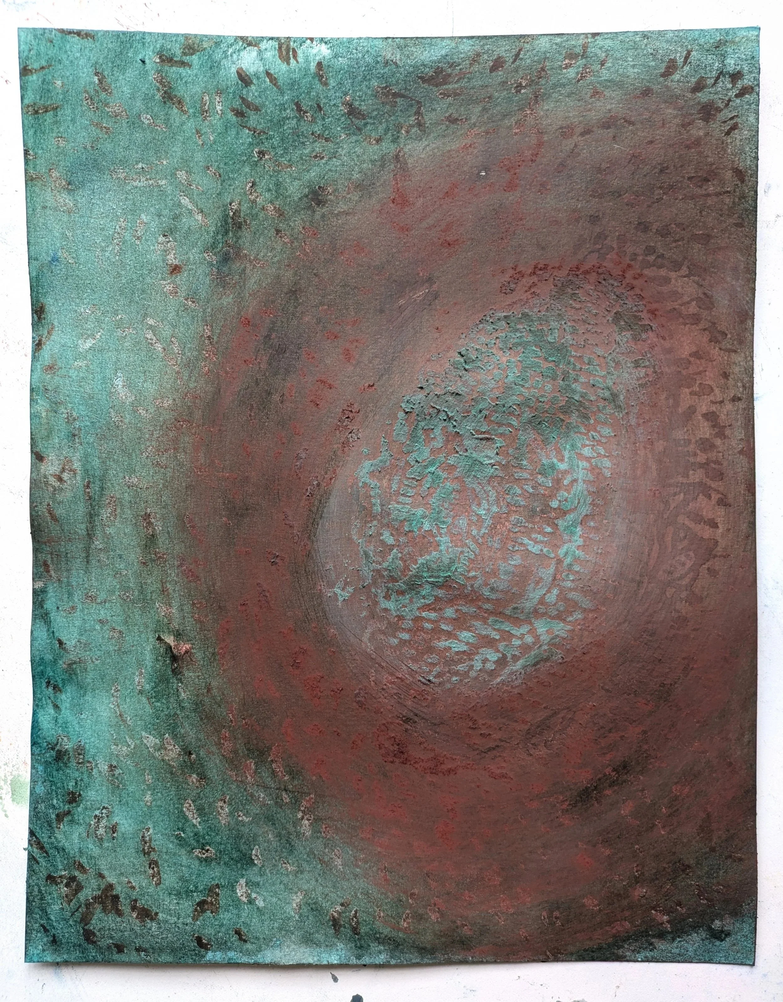 the deepest felt / gouache, wax, hematite, and malachite on distressed paper, 11x14", 2024