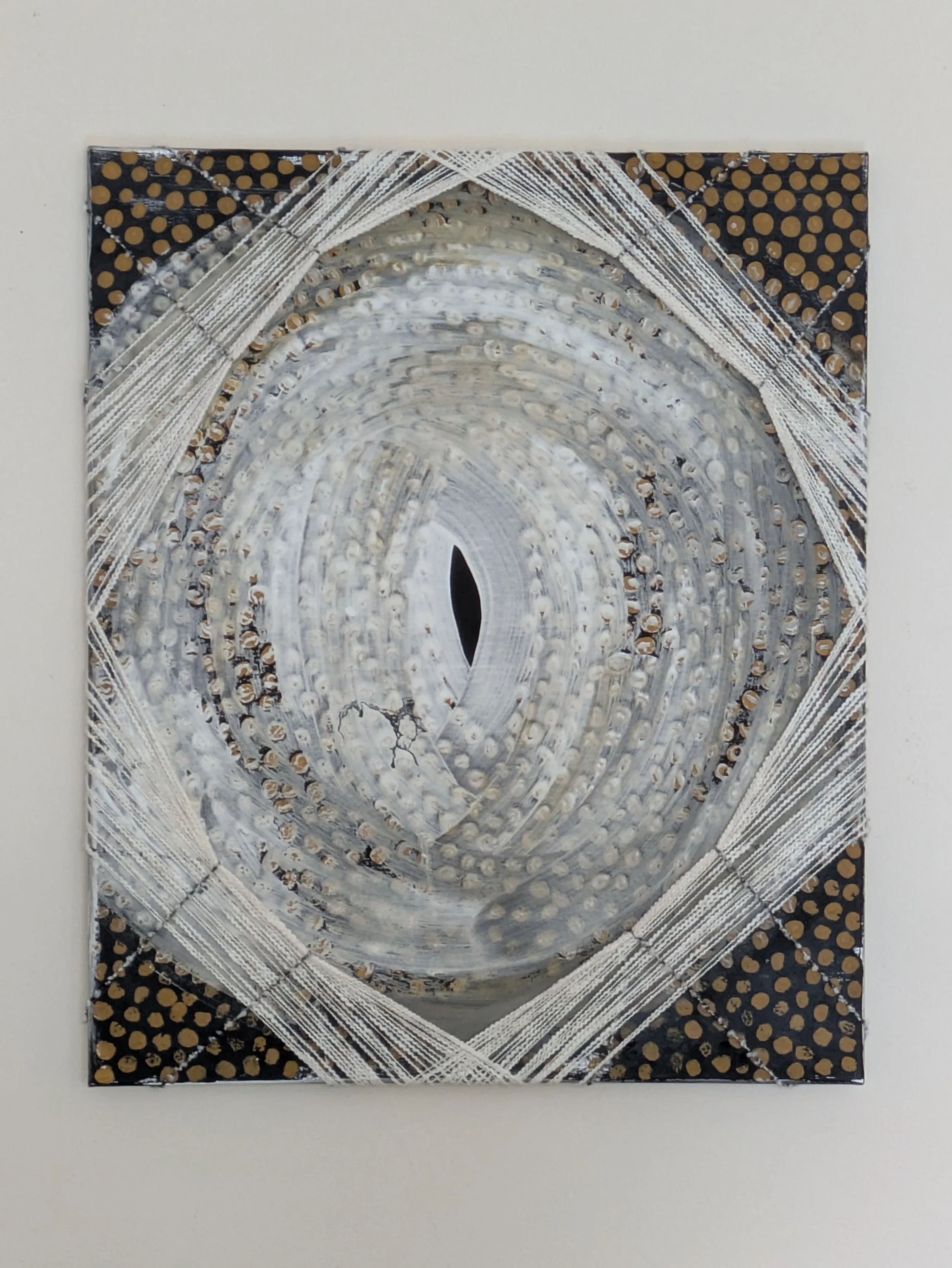 Mandorla / blessing | oxides, calcite, wax, and yarn on canvas | 20x24" | 2026