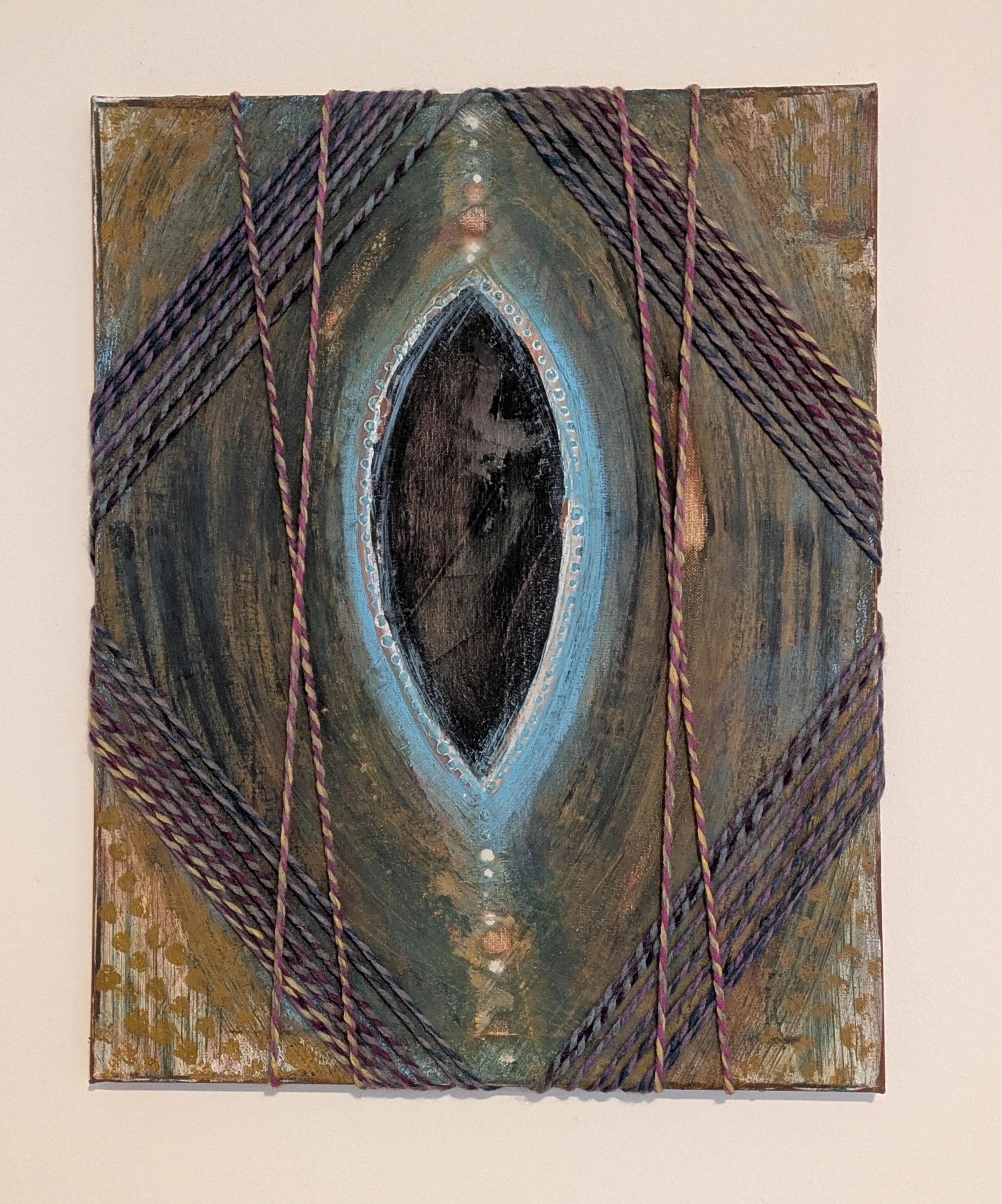Mandorla / groundlessness | oxides, calcite, gouache, wax, and yarn on canvas | 16x20" | 2026