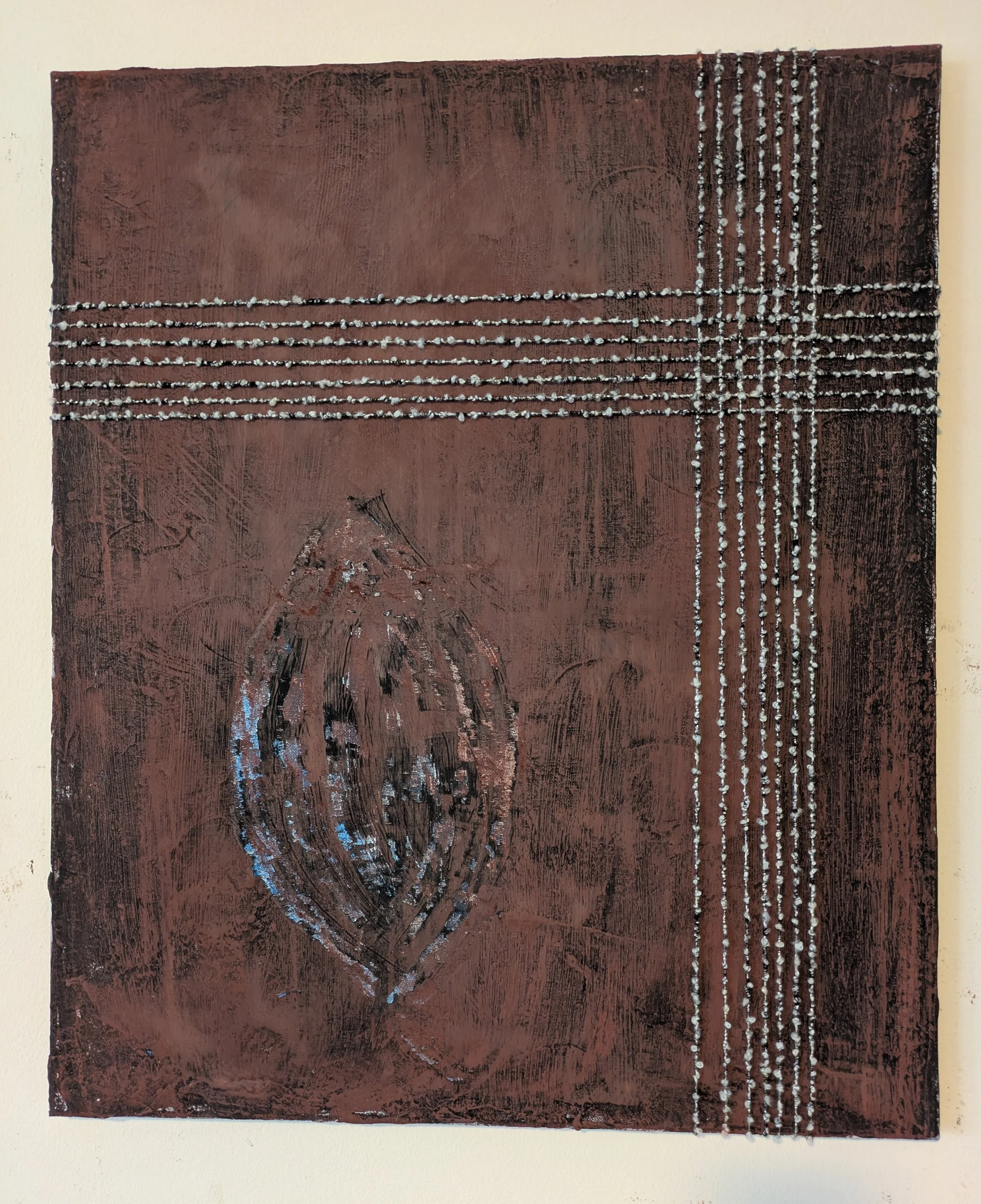 Mandorla / the unlocking | oxides, acrylic, and yarn on canvas | 20x24" | 2026