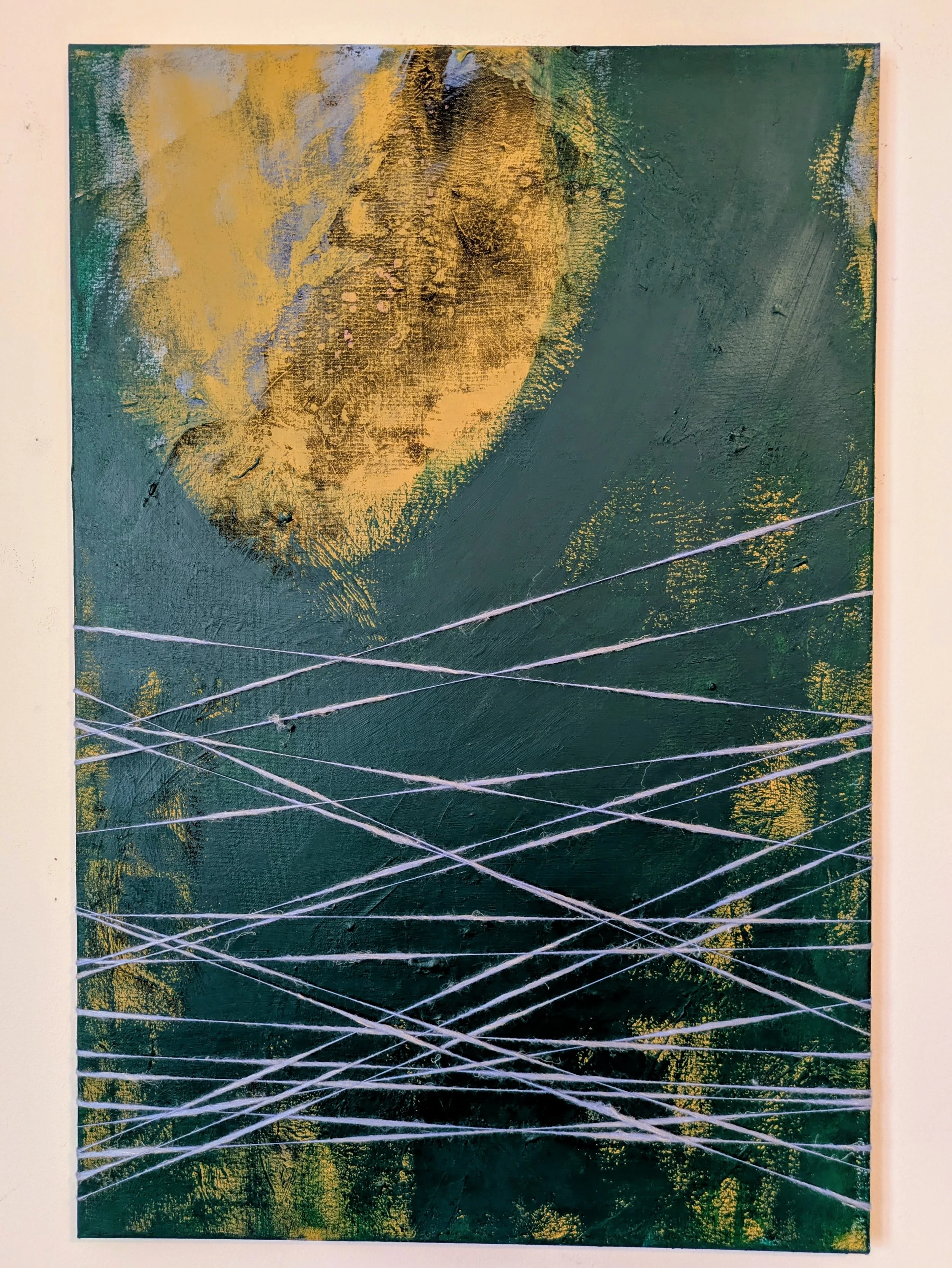 Mandorla / lake swimming | oxides, acrylic, and yarn on canvas | 24x36" | 2026