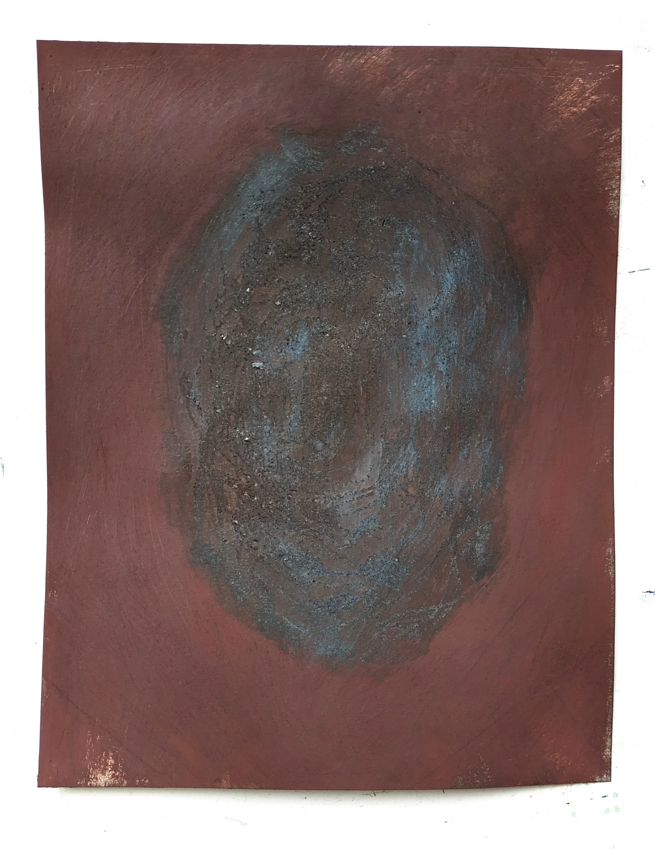 the ache and what surrounds it / gouache, wax, hematite, and azurite on distressed paper, 11x14", 2024