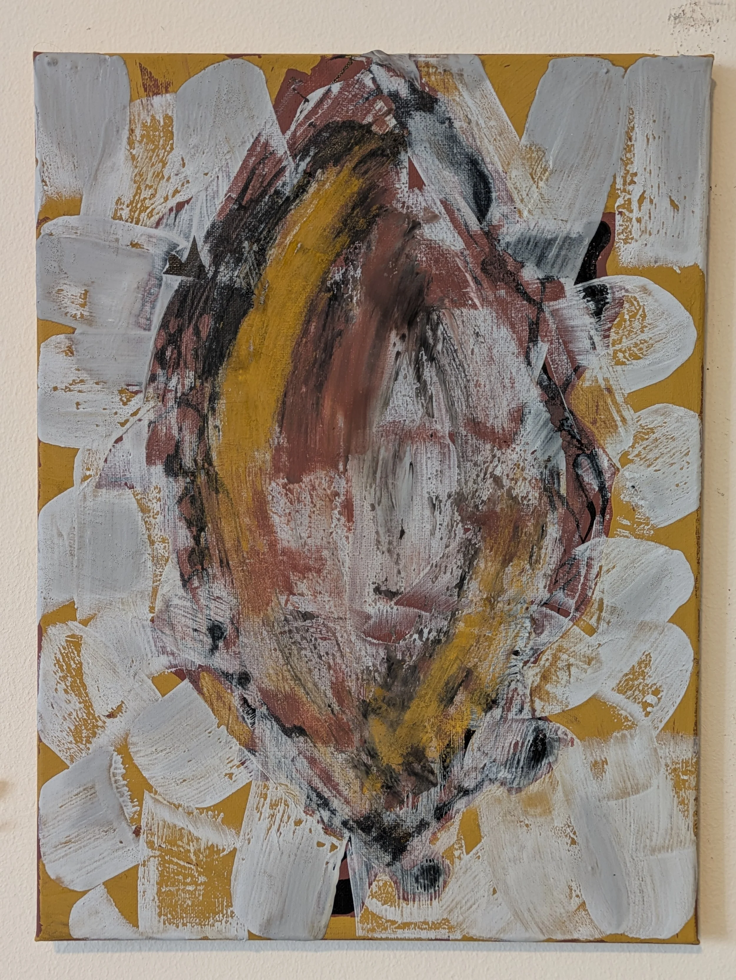 Mandorla / found and lost and | oxides, calcite, and ink on canvas | 12x16" | 2026