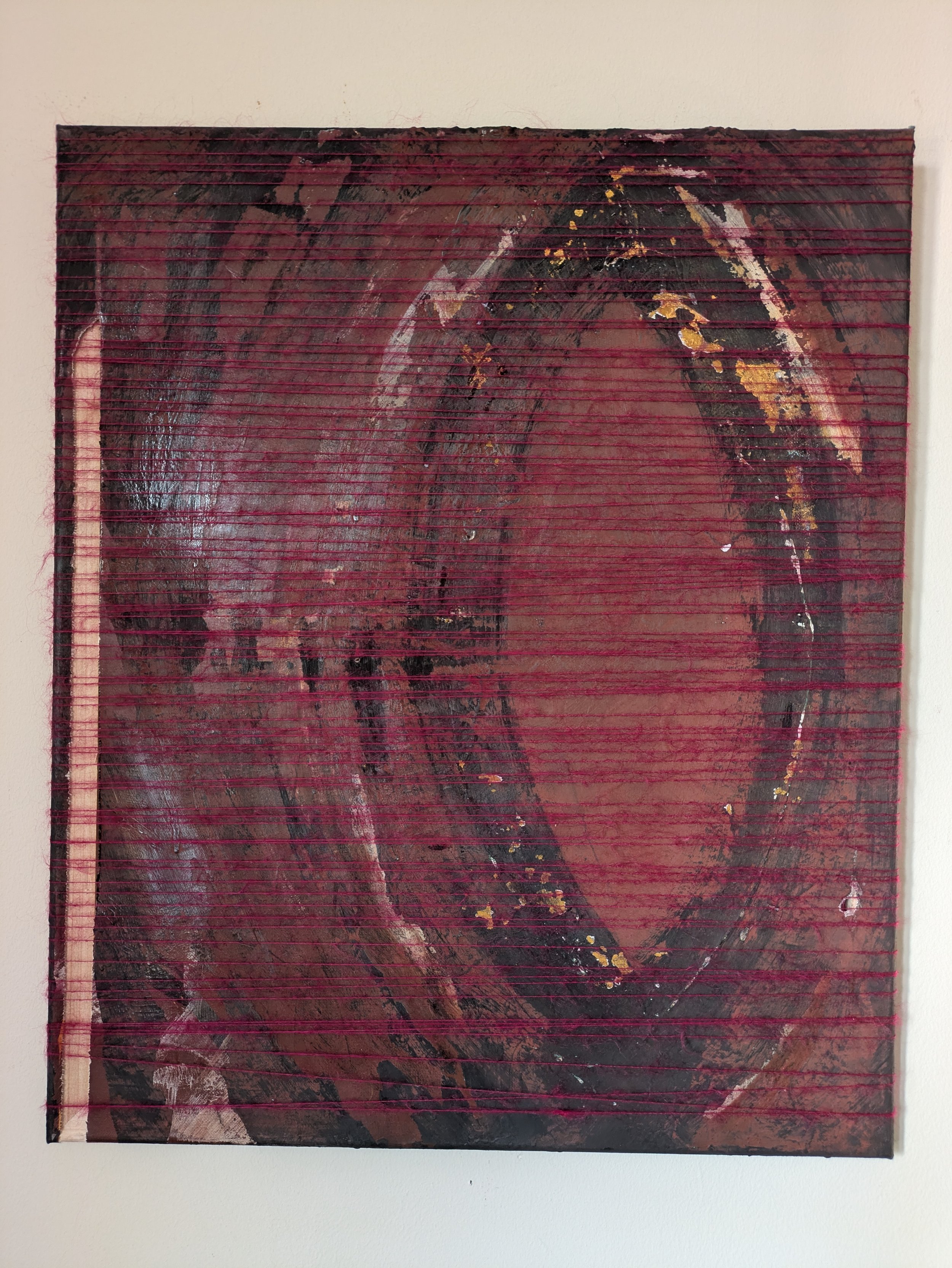 Mandorla / mending
| oxides, acrylic, wax, and mohair on distressed canvas
| 20x24"
| 2026