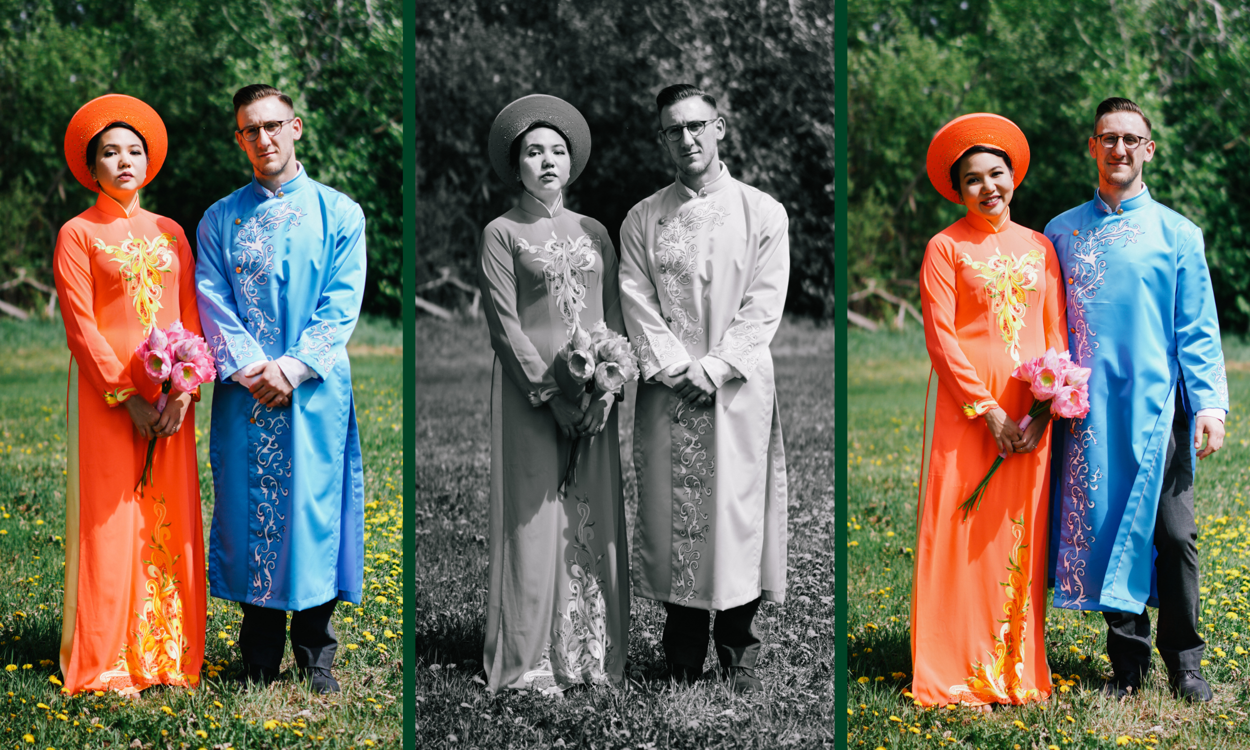 Colorful triptych of a couple in traditional Vietnamese attire, standing in a grassy field with trees, holding bouquets of pink flowers. The left and right panels are in color, the middle panel is black and white.