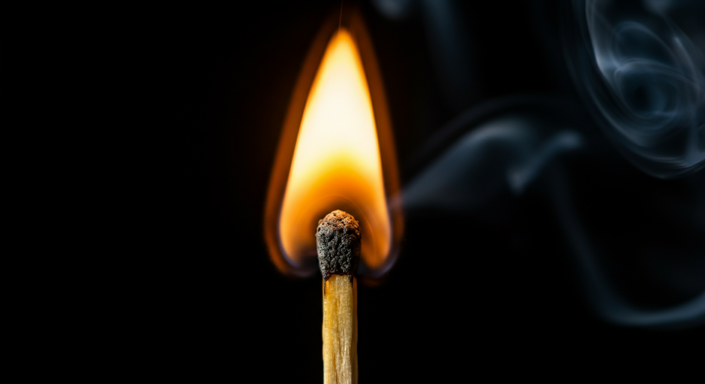 A lit matchstick with a burning flame against a dark background, with some curling smoke to the side.
