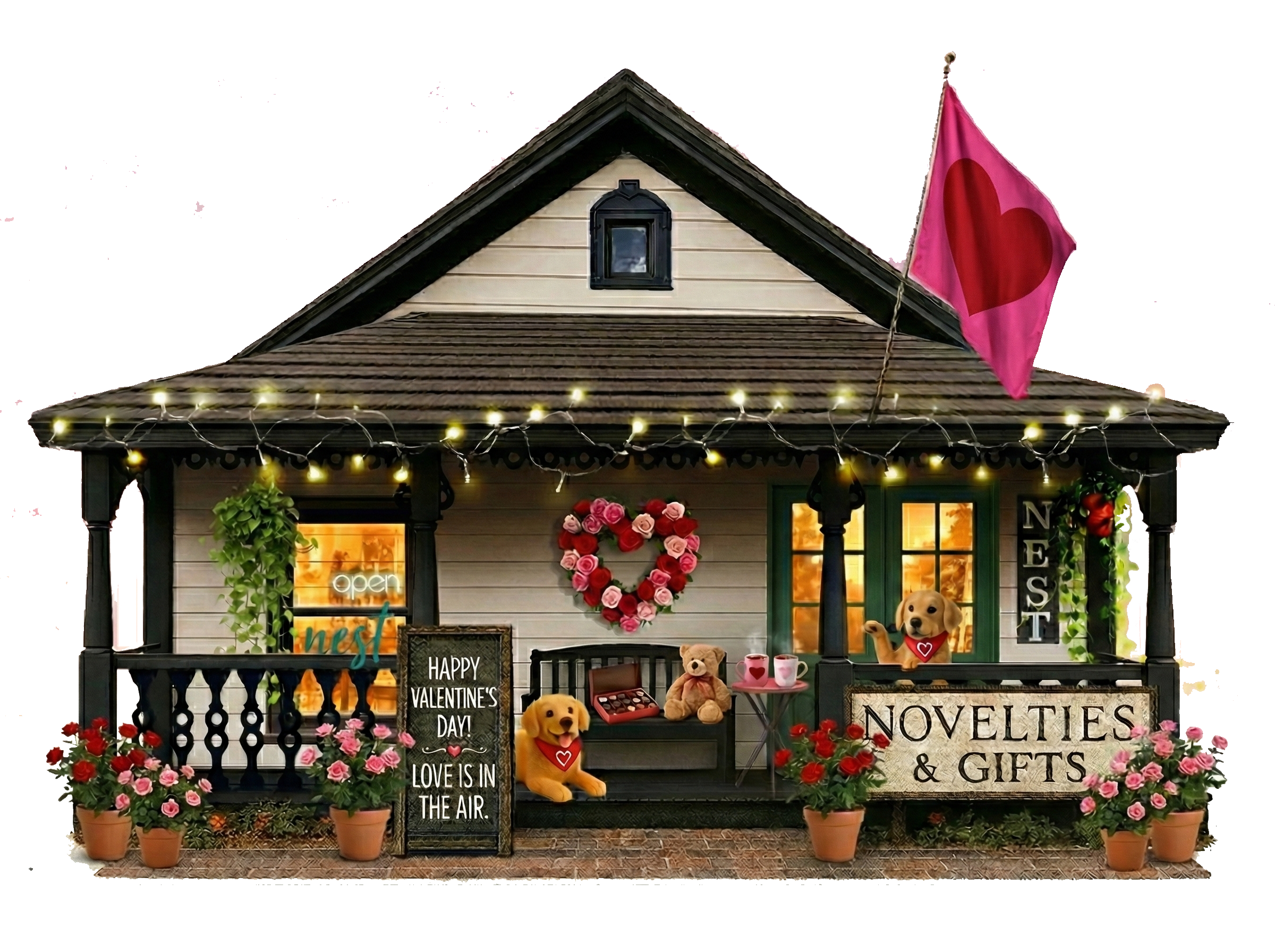 A cozy house decorated for Valentine's Day with string lights, potted flowers, a heart-shaped floral wreath, and plush puppies with heart-themed accessories. A pink flag with a red heart is on the roof. Signs read "Happy Valentine's Day! Love is in the air" and "Novelties & Gifts." The house has a porch with an open sign and a sunset view visible through the windows.