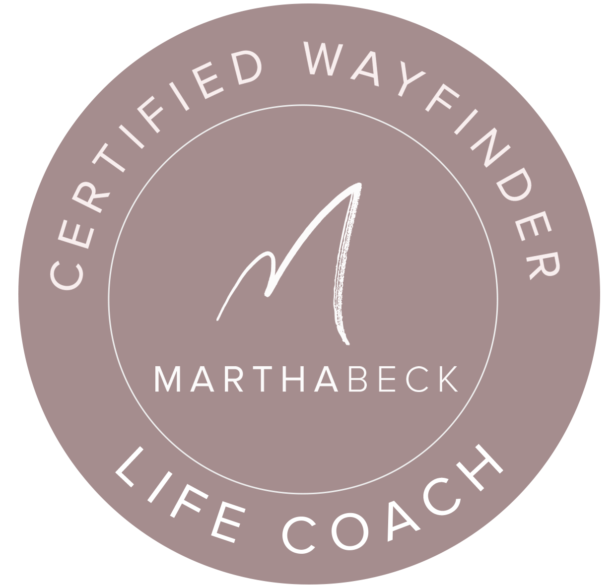 Certification course logo with the text 'Certified Wayfinder' and 'Life Coach' surrounding the name 'Marthabeck' in the center with a stylized check mark.