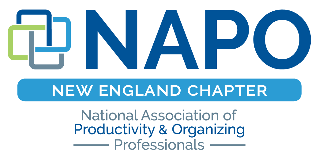 Logo for the National Association of Productivity & Organizing, New England Chapter with interconnected squares in blue, green, and gray, and text in blue and gray.