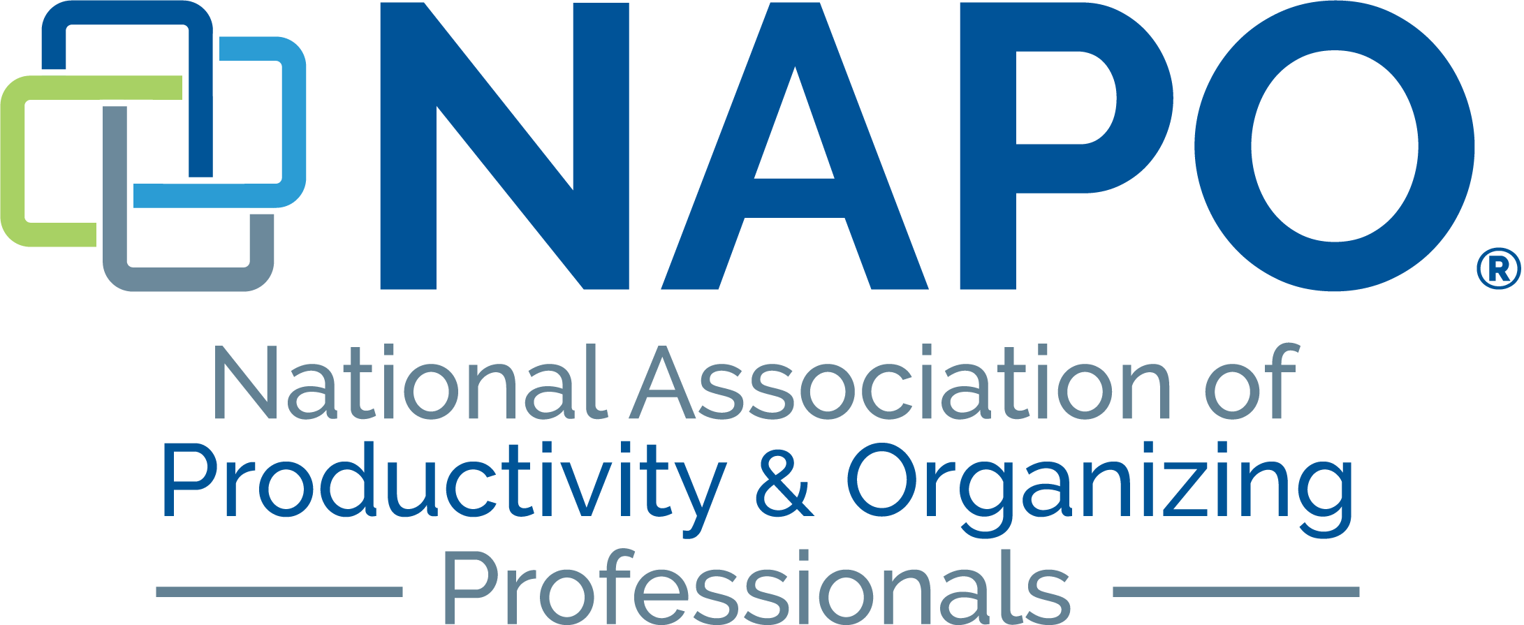 Logo of the National Association of Productivity & Organizing Professionals (NAPO), featuring two interlinked rectangles and text in blue and gray.