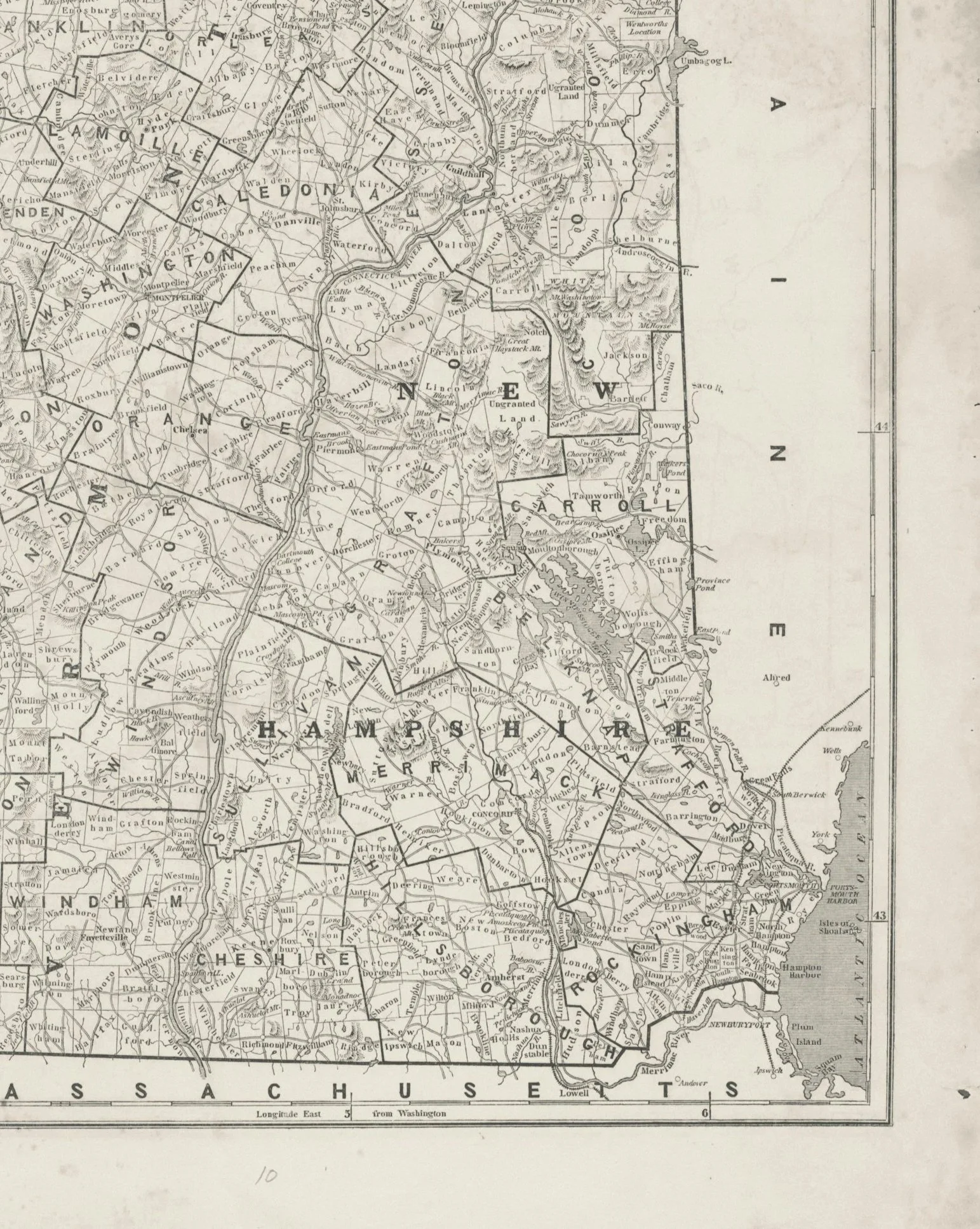 Historical map of Connecticut, Massachusetts, Rhode Island, and parts of New Hampshire, showing towns, rivers, roads, and geographical features in the northeastern United States.