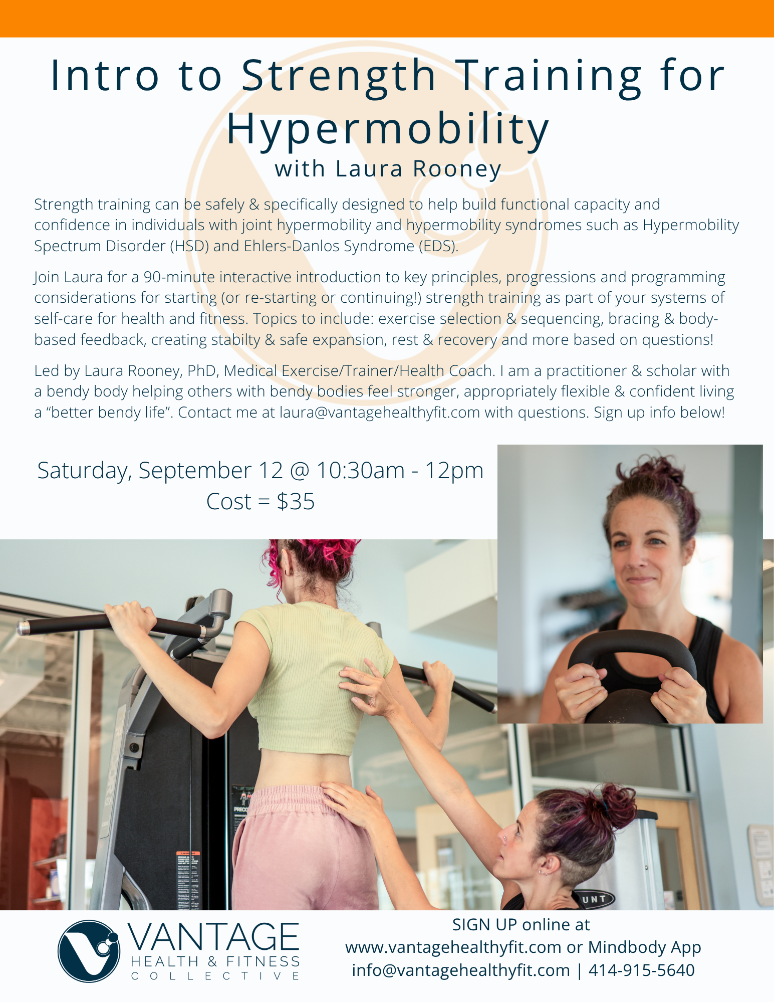 Flyer for Strength Training Workshop with Image of Laura working with a client on a weight machine