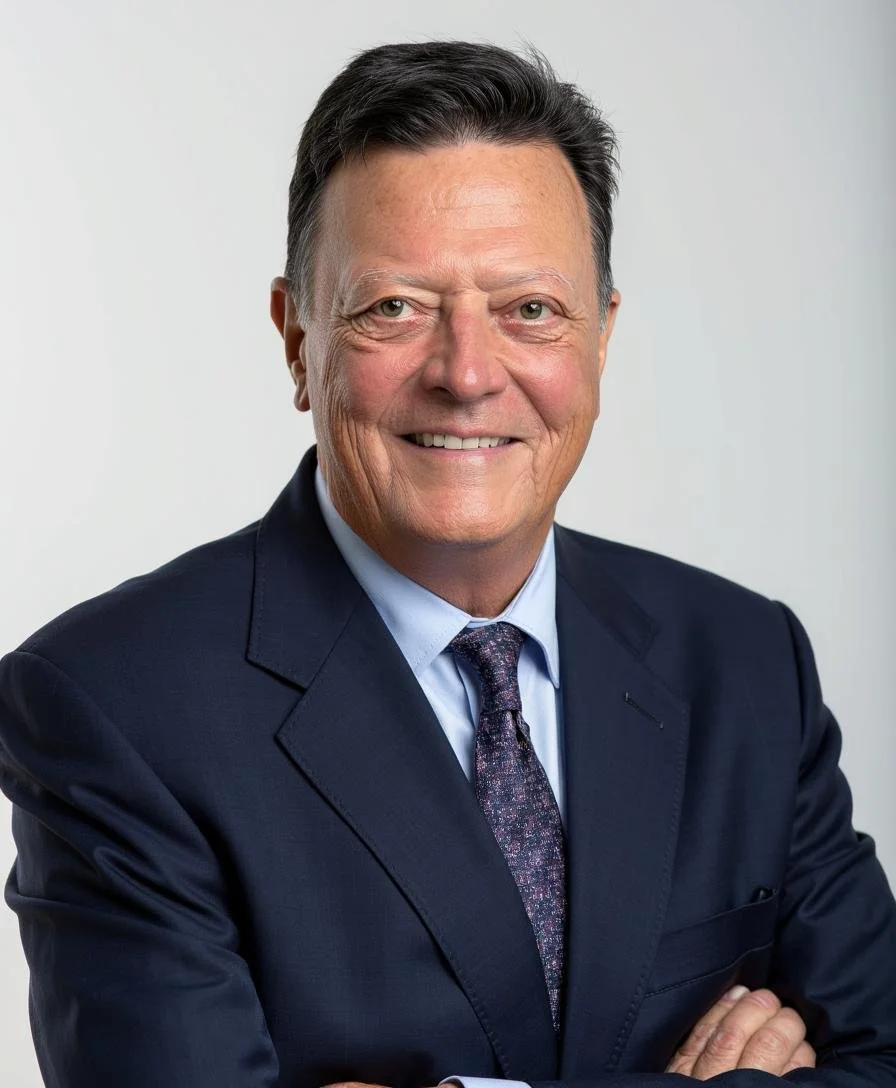 Portrait of a smiling middle-aged man in a dark suit, light blue shirt, and patterned tie, with arms crossed against a plain light grey background.