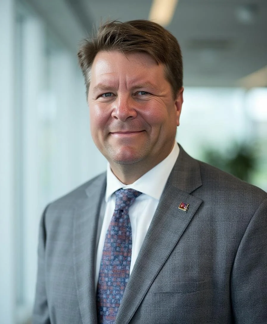 Professional man in a suit smiling, standing in an office with large windows.