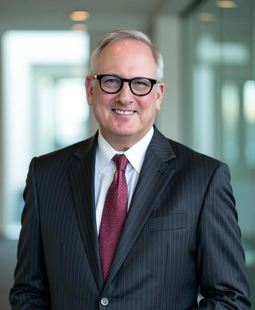 A smiling middle-aged man in a dark pinstripe suit, white shirt, and maroon tie, wearing black glasses, standing in an office hallway with glass walls and natural light.