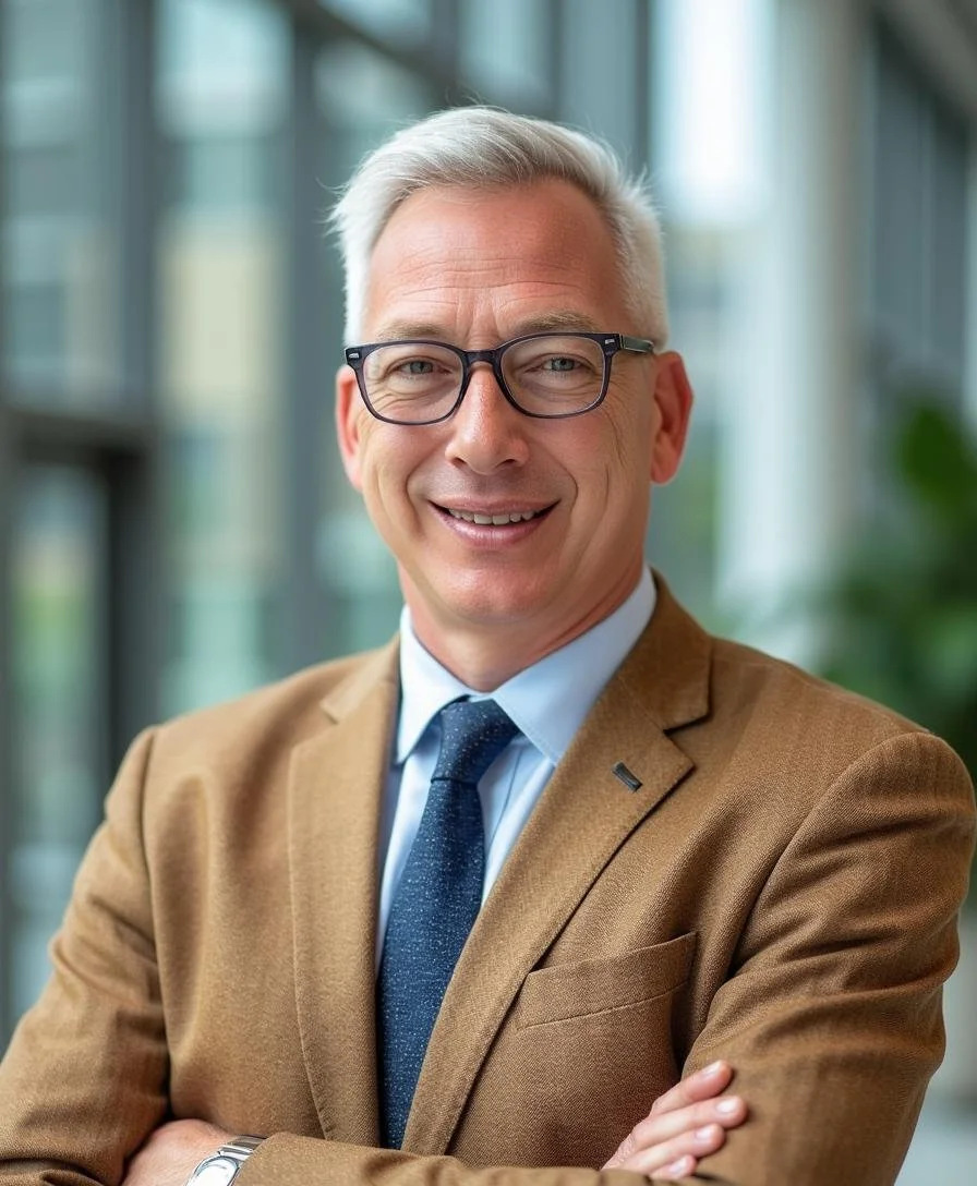 Smiling middle-aged man with gray hair, glasses, wearing a brown suit, blue shirt, and navy tie, standing with arms crossed in a modern office building.