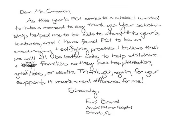 A handwritten thank you letter on white paper addressed to Mr. Cameron, expressing gratitude for support during a PCI conference, mentioning efforts to help children and families, signed by Emi Brand from Arnold Palmer Hospital in Orlando, FL.