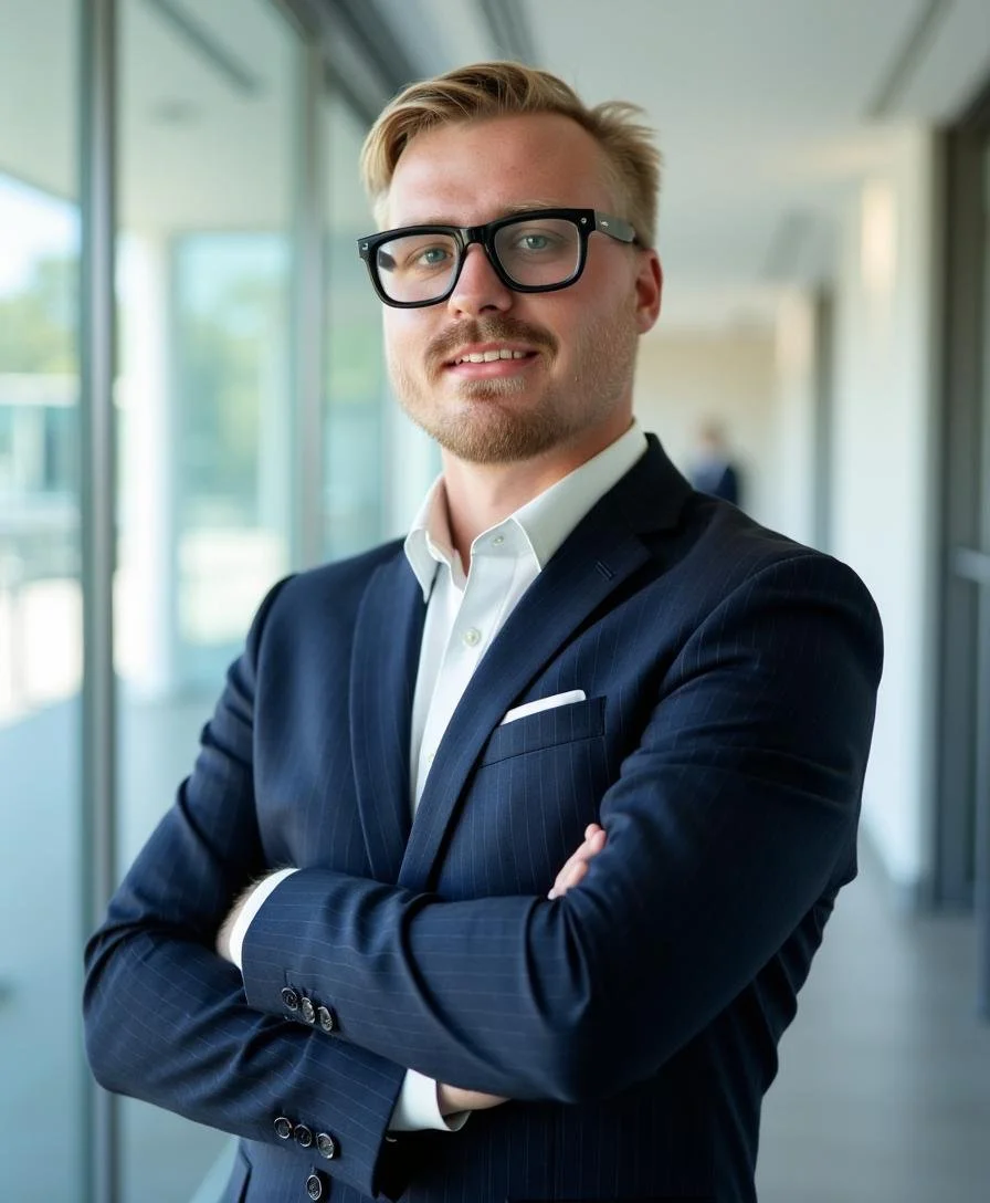 A confident young man in a business suit standing with arms crossed in an office corridor.