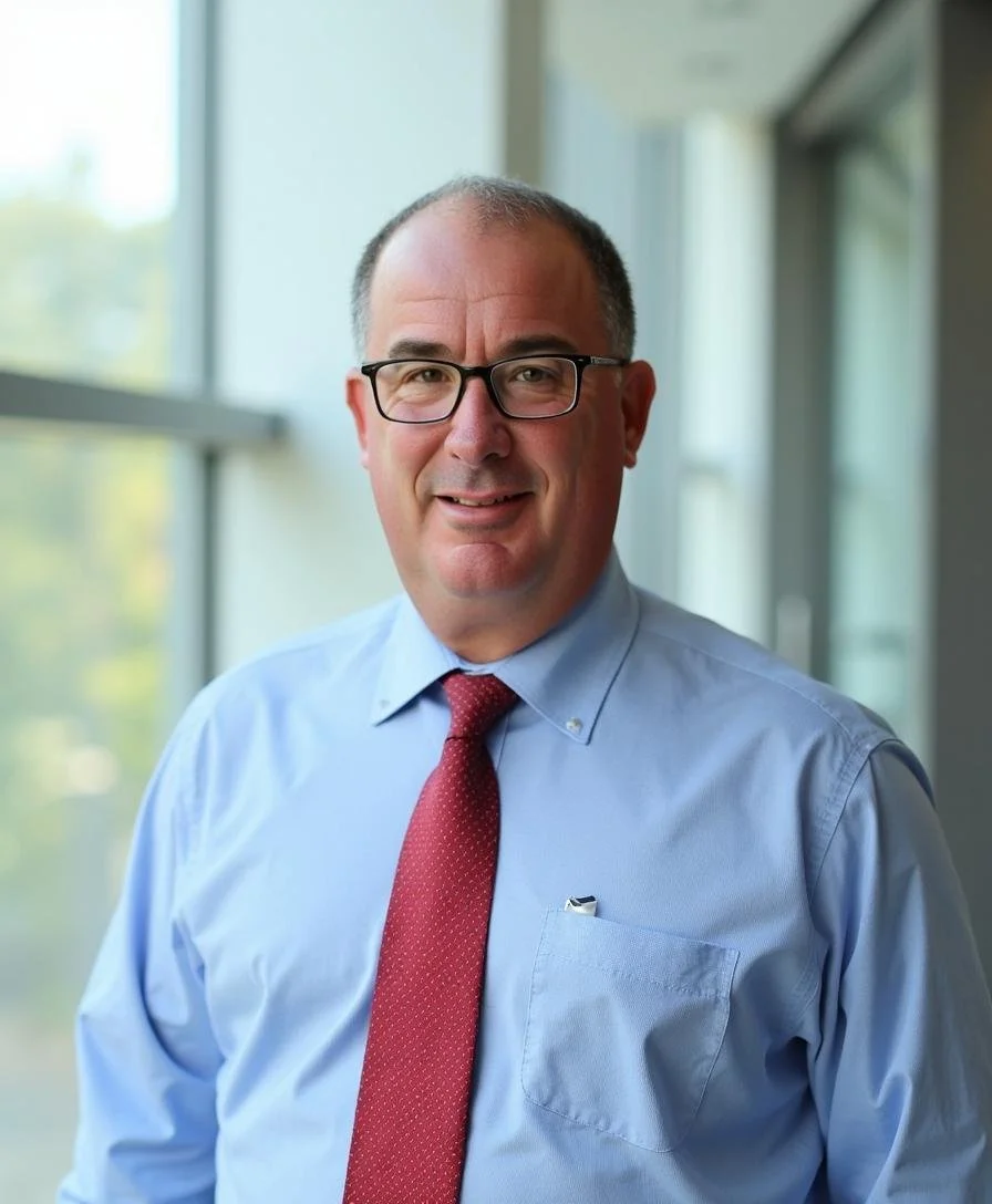 A middle-aged man with short dark hair, wearing glasses, a light blue shirt, and a red tie, smiling near a large window with greenery outside.