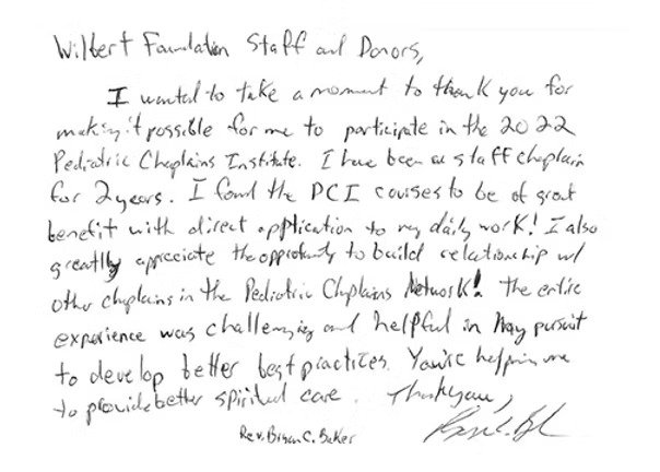 Handwritten letter thanking Wilbert Foundation staff and donors for support and for enabling participation in the 2022 Pediatric Chaplains Institute.