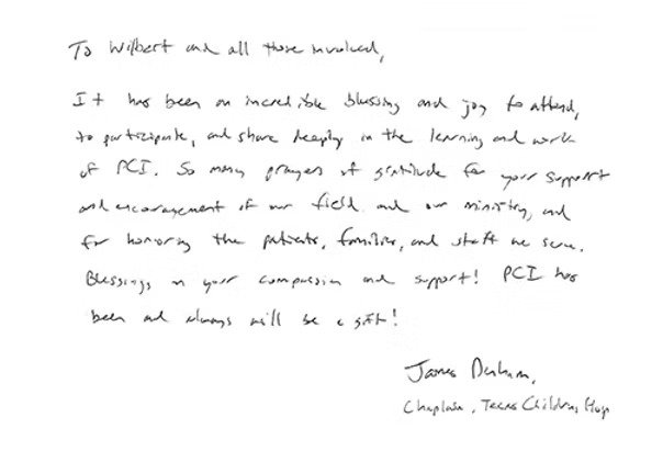 Handwritten letter expressing gratitude for support and blessings, signed by Jane Duncan, a chaplain at Texas Children's Hospital.