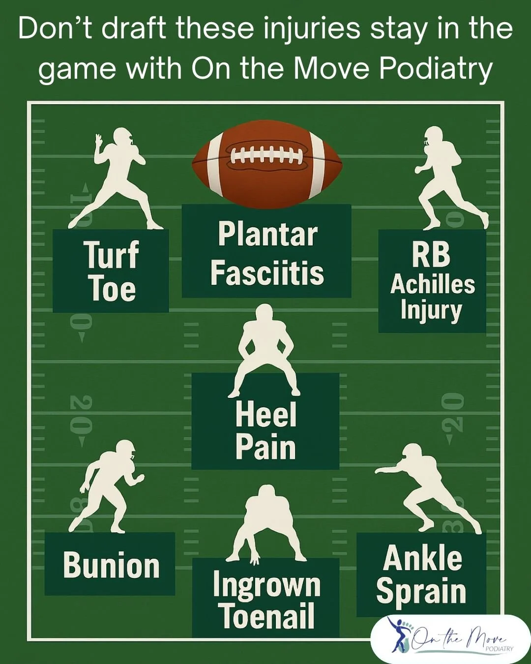 Football season is here! 🏈 But when it comes to your feet and ankles, don&rsquo;t draft these injuries. Whether it&rsquo;s turf toe, heel pain, or ankle sprains, On The Move Podiatry has the winning playbook to keep you in the game.
💥 Stay in the s